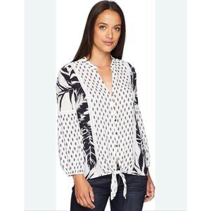 IVANKA TRUMP Women’s Blouse Small Black White Balloon Sleeve Tie Front V‎ Neck